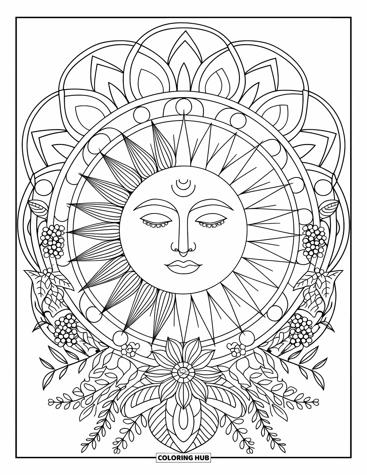 Trippy Sun And Moon Coloring Page for Adults: A serene half sun, half moon face framed with flowers and vines