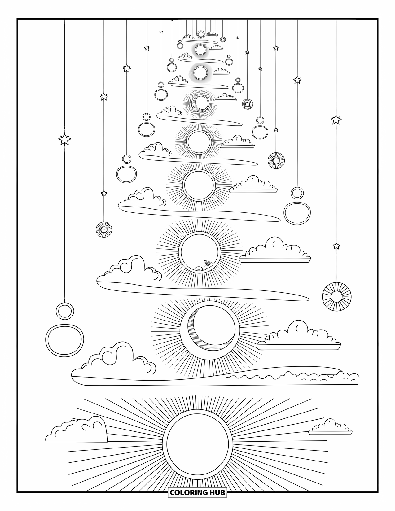 Trippy Sun And Moon Coloring Page for Adults: A spiral ascends with alternating sun and moon embraced by stars and clouds