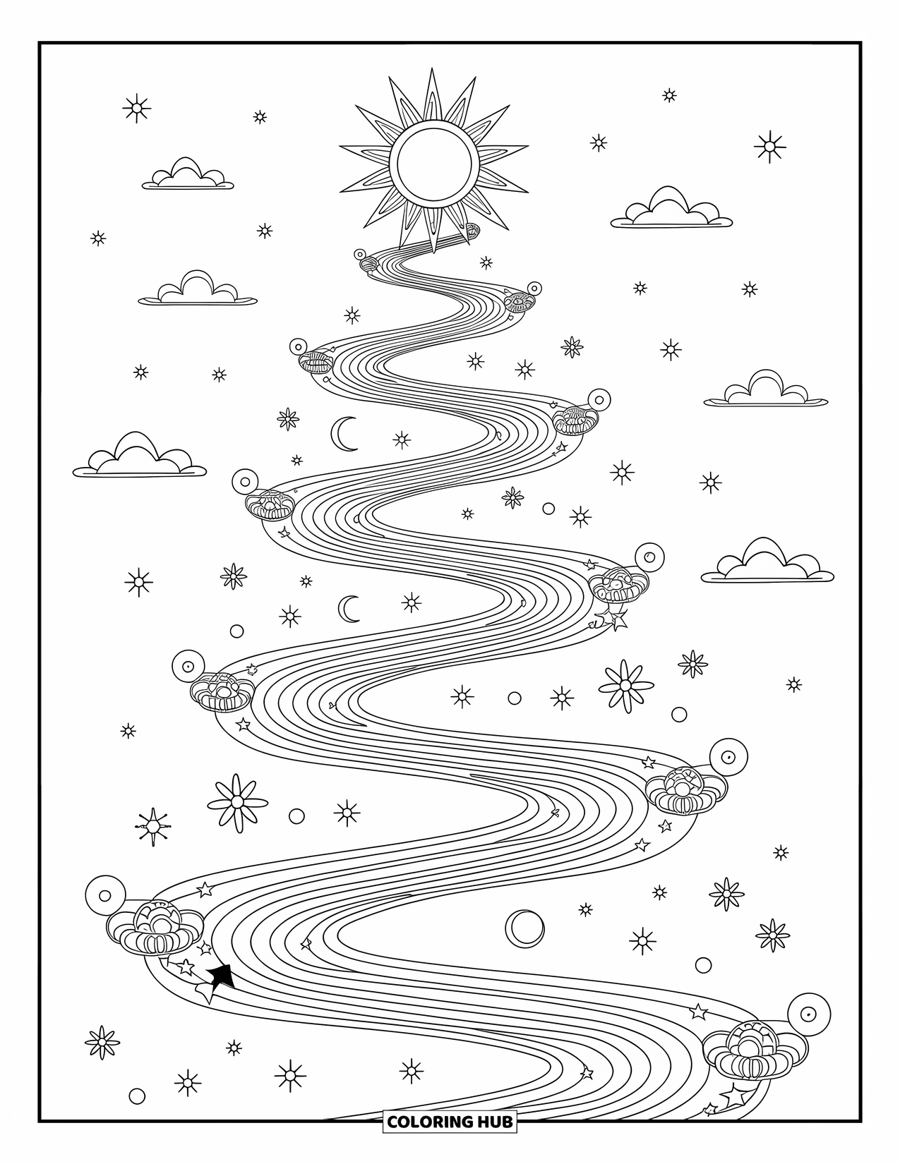 Trippy Sun And Moon Coloring Page for Adults: A spiral of sun and moon ascends with clouds, stars, and playful ornaments