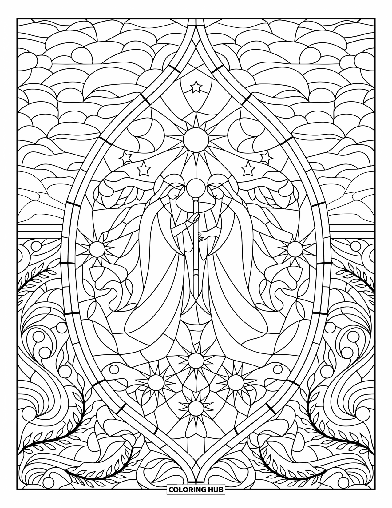 Trippy Sun And Moon Coloring Page for Adults: A stained glass scene with celestial figures holding a staff and chalice