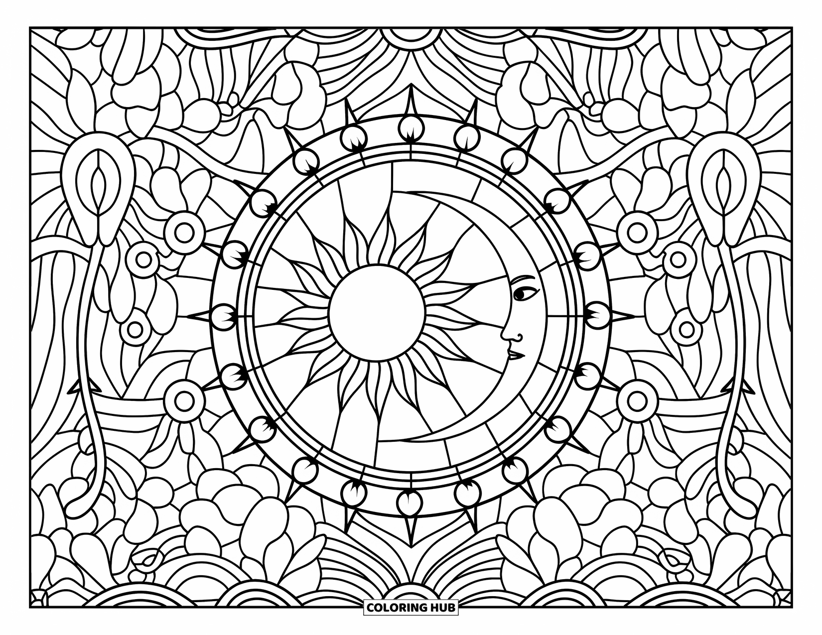 Trippy Sun And Moon Coloring Page for Adults: A sun and moon in floral halos surrounded by patterned flowers and vines