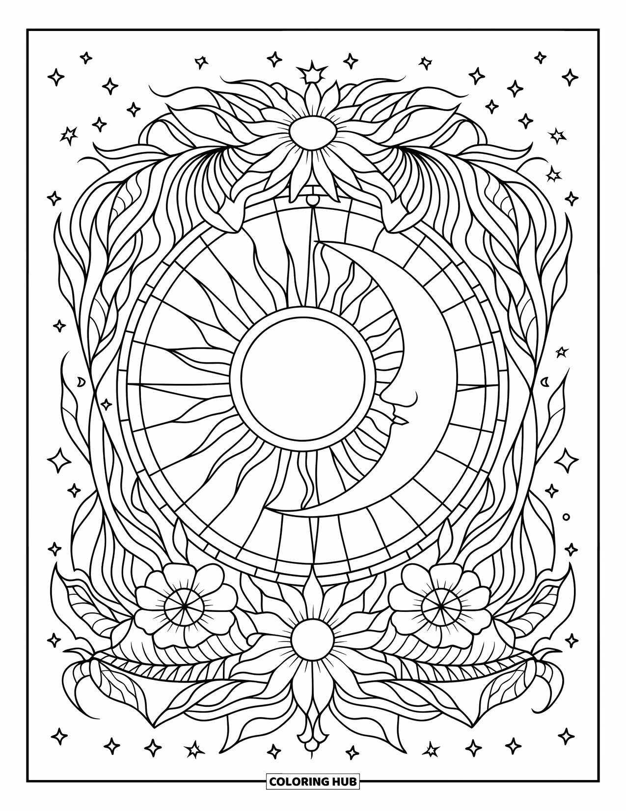 Trippy Sun And Moon Coloring Page for Adults: A trippy sun and moon framed by a floral stained glass border