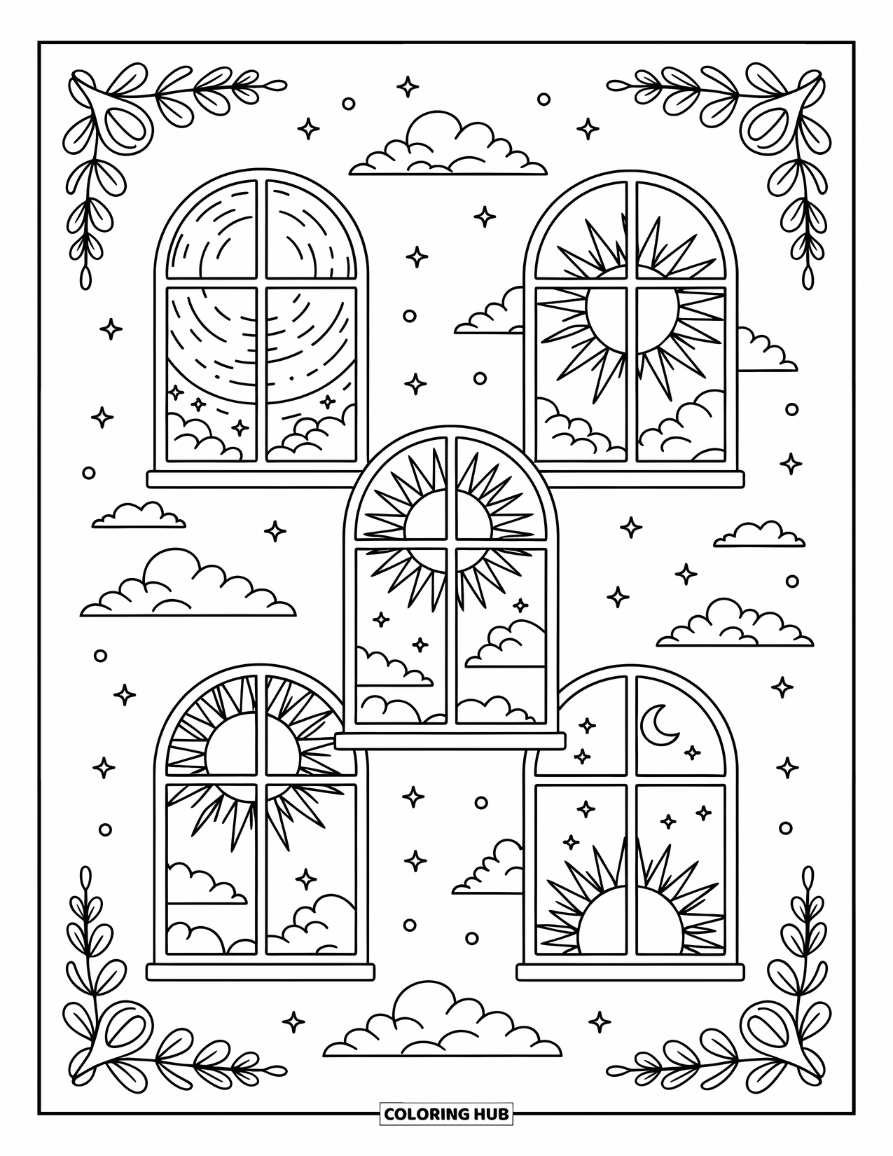Trippy Sun And Moon Coloring Page for Adults: Four rounded windows show dawn, noon, dusk, and midnight with sun and moon