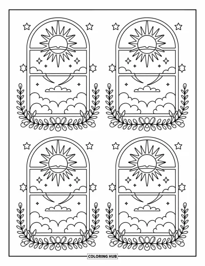 Pszichedelikus nap és hold kifestő felnőtteknek: Négy időablak nappal, holddal, felhőkkel és örvénylő égi motívumokkal