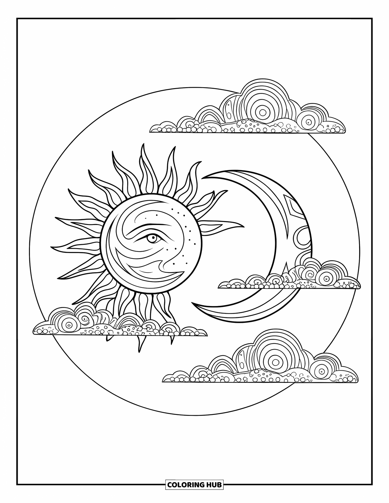 Trippy Sun And Moon Coloring Page for Kids: A circle frame with sun and moon and dotted clouds