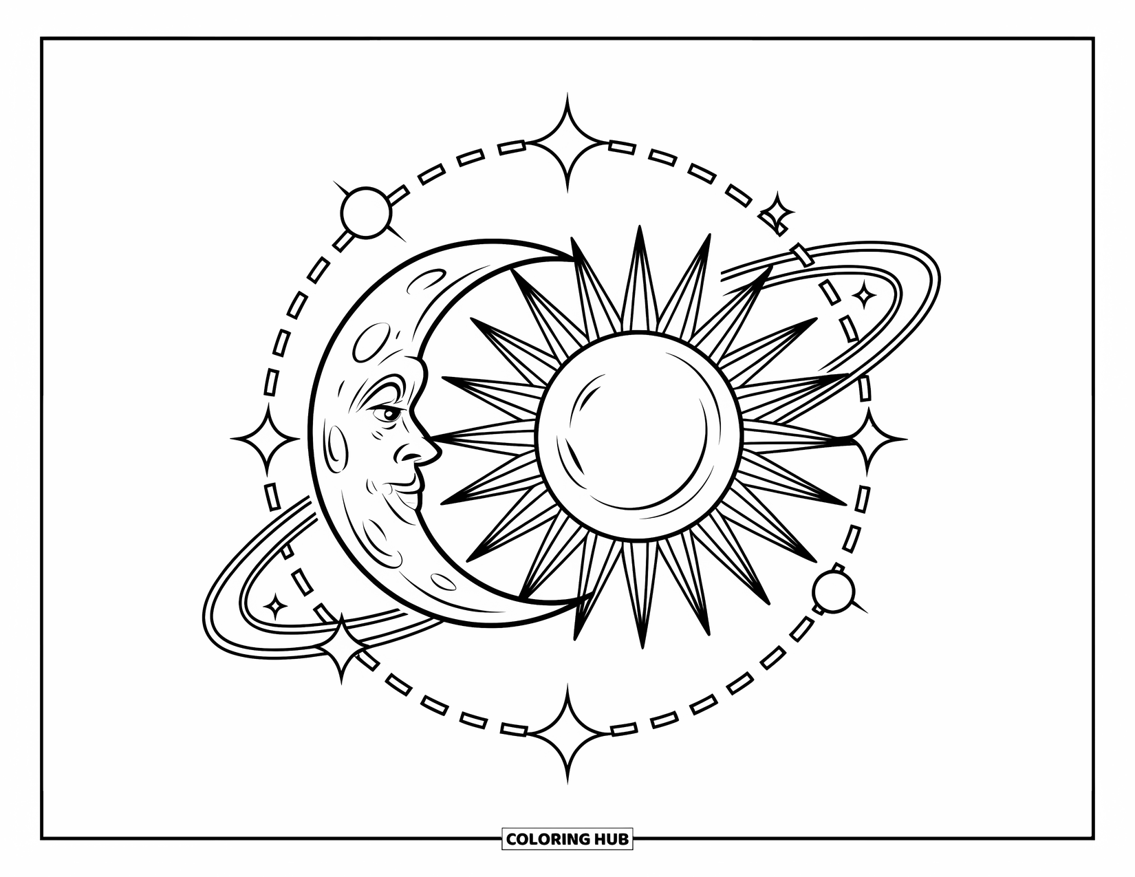 Trippy Sun And Moon Coloring Page for Kids: A cratered moon and radiant sun circled by dashed orbits