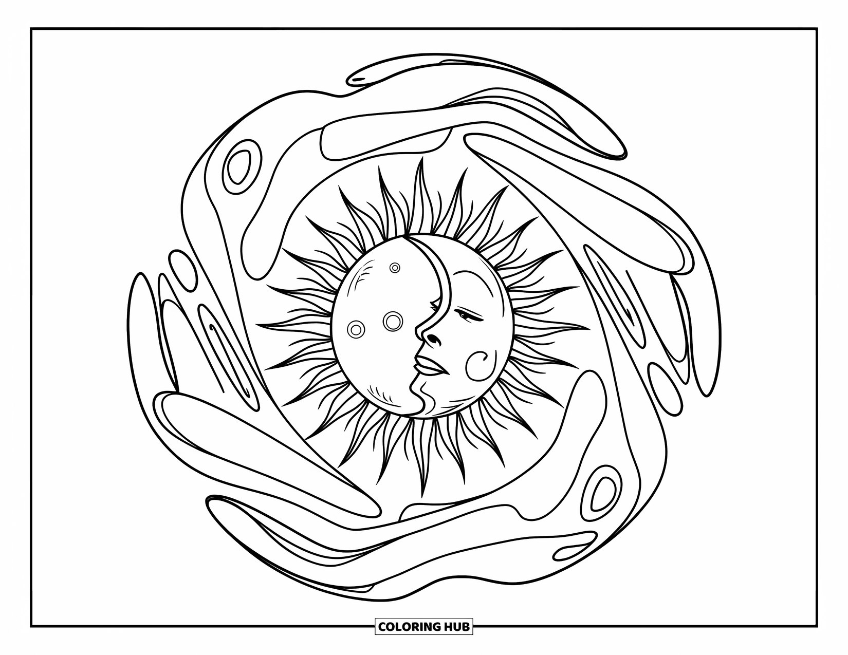 Trippy Sun And Moon Coloring Page for Kids: A detailed sun and moon mirrored in swirling abstract lines
