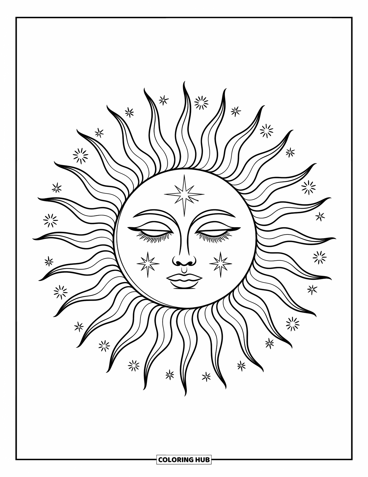 Trippy Sun And Moon Coloring Page for Kids: A half sun, half moon face with serene expression and rays