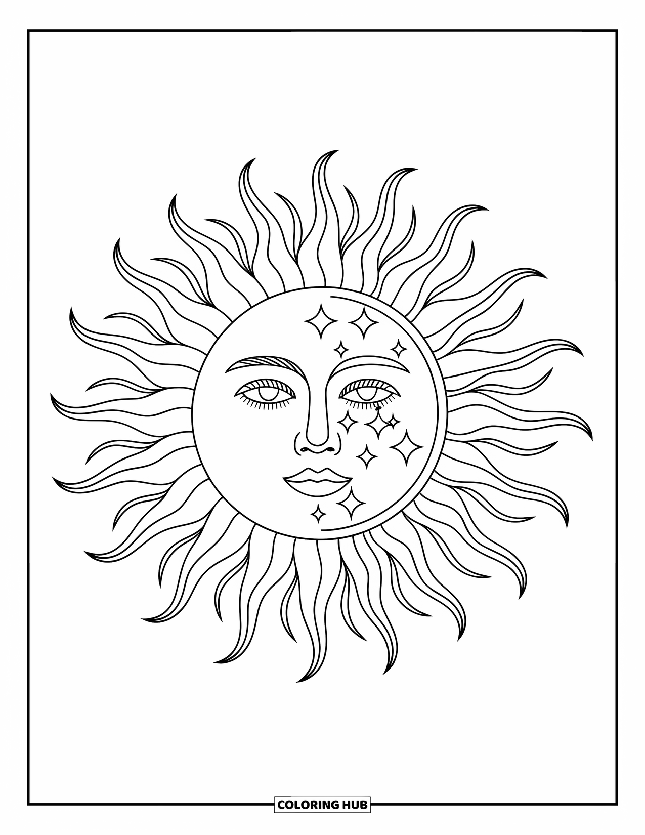 Trippy Sun And Moon Coloring Page for Kids: A half sun, half moon face with swirls and sparkles