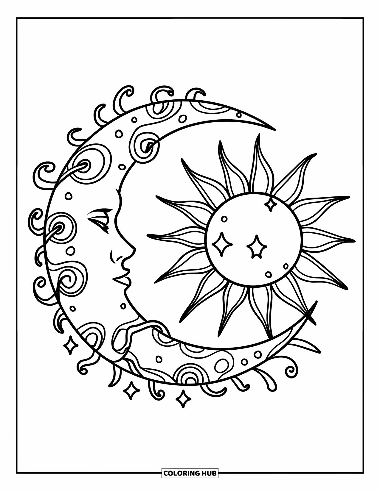Trippy Sun And Moon Coloring Page for Kids: A moon and sun entwined with swirling vines and stars