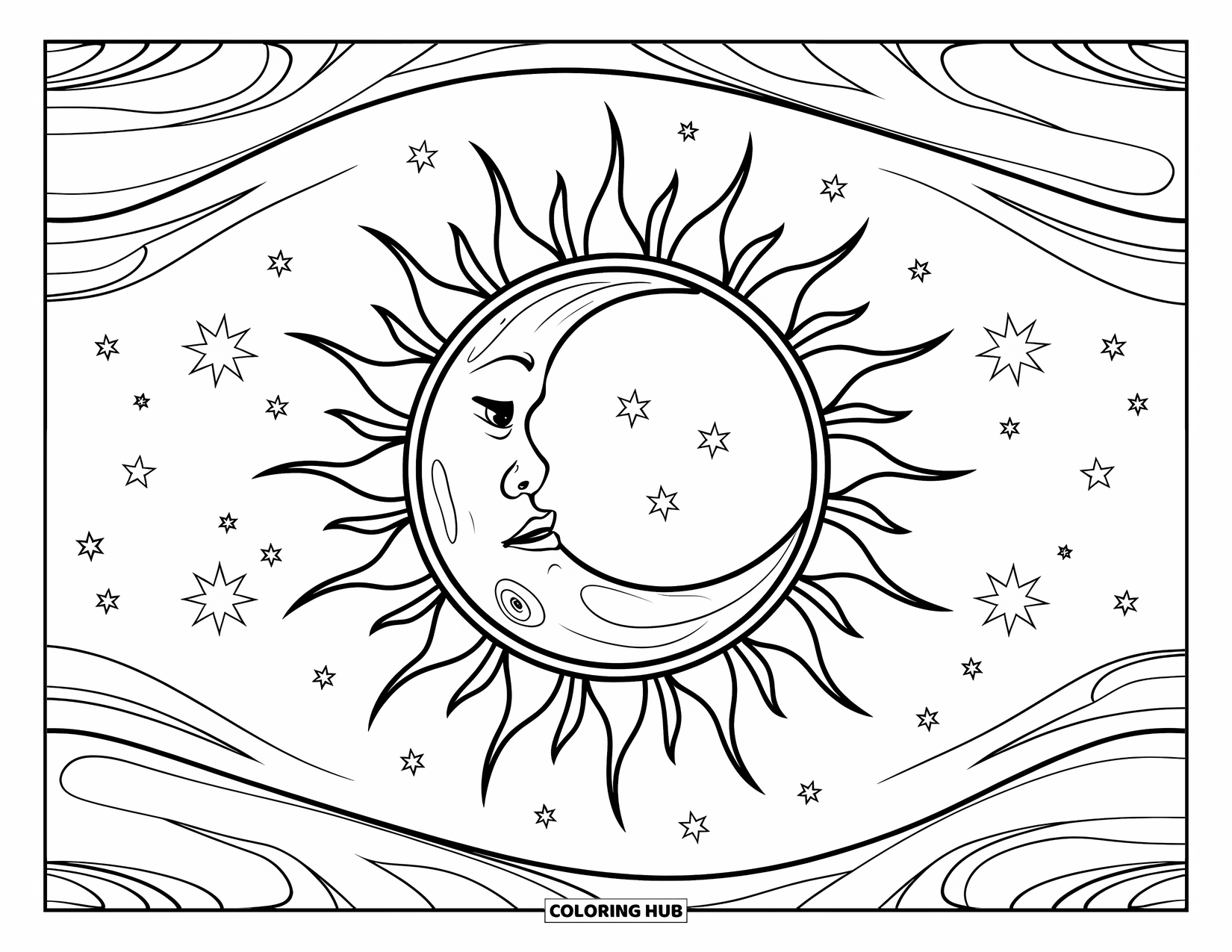 Trippy Sun And Moon Coloring Page for Kids: A moon in a sun frame surrounded by celestial swirls and stars