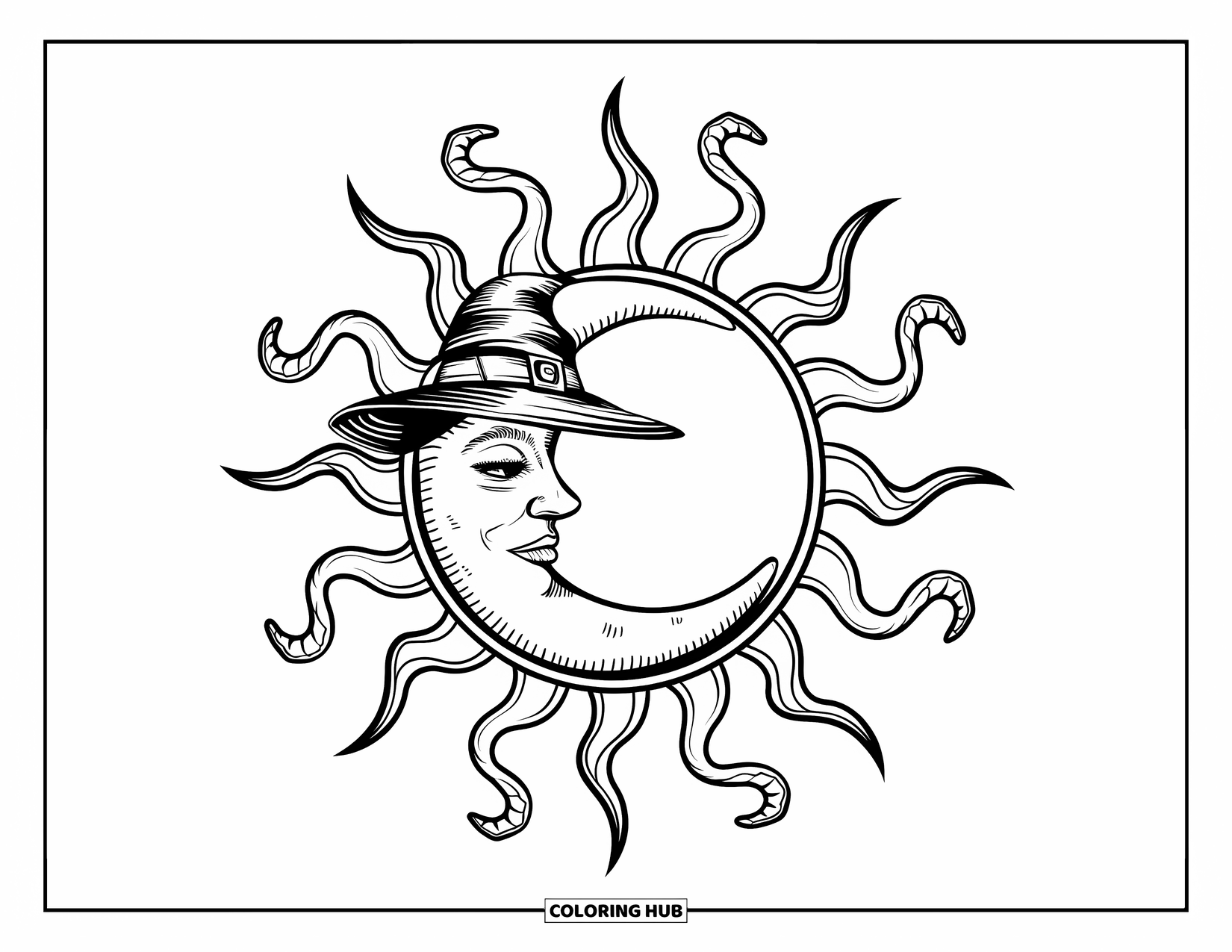 Trippy Sun And Moon Coloring Page for Kids: A moon with a wizard hat rests in a sun of snake rays