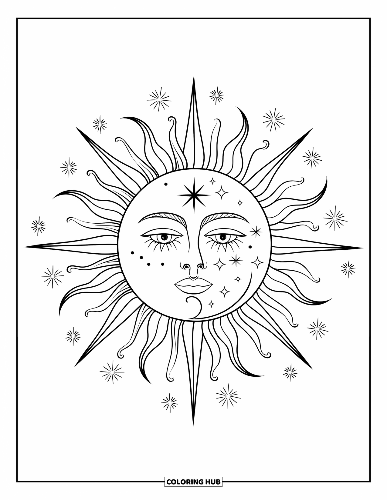 Trippy Sun And Moon Coloring Page for Kids: A serene half sun, half moon face with swirling rays