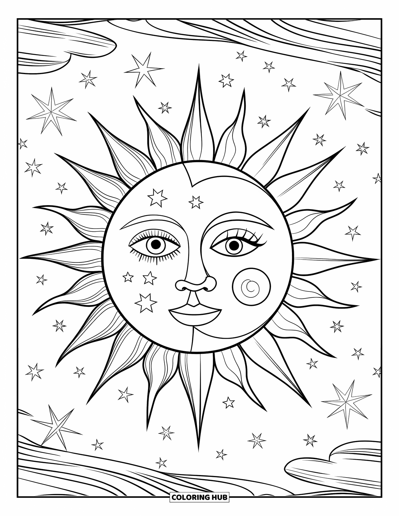 Trippy Sun And Moon Coloring Page for Kids: A smiling half sun, half moon face with stars