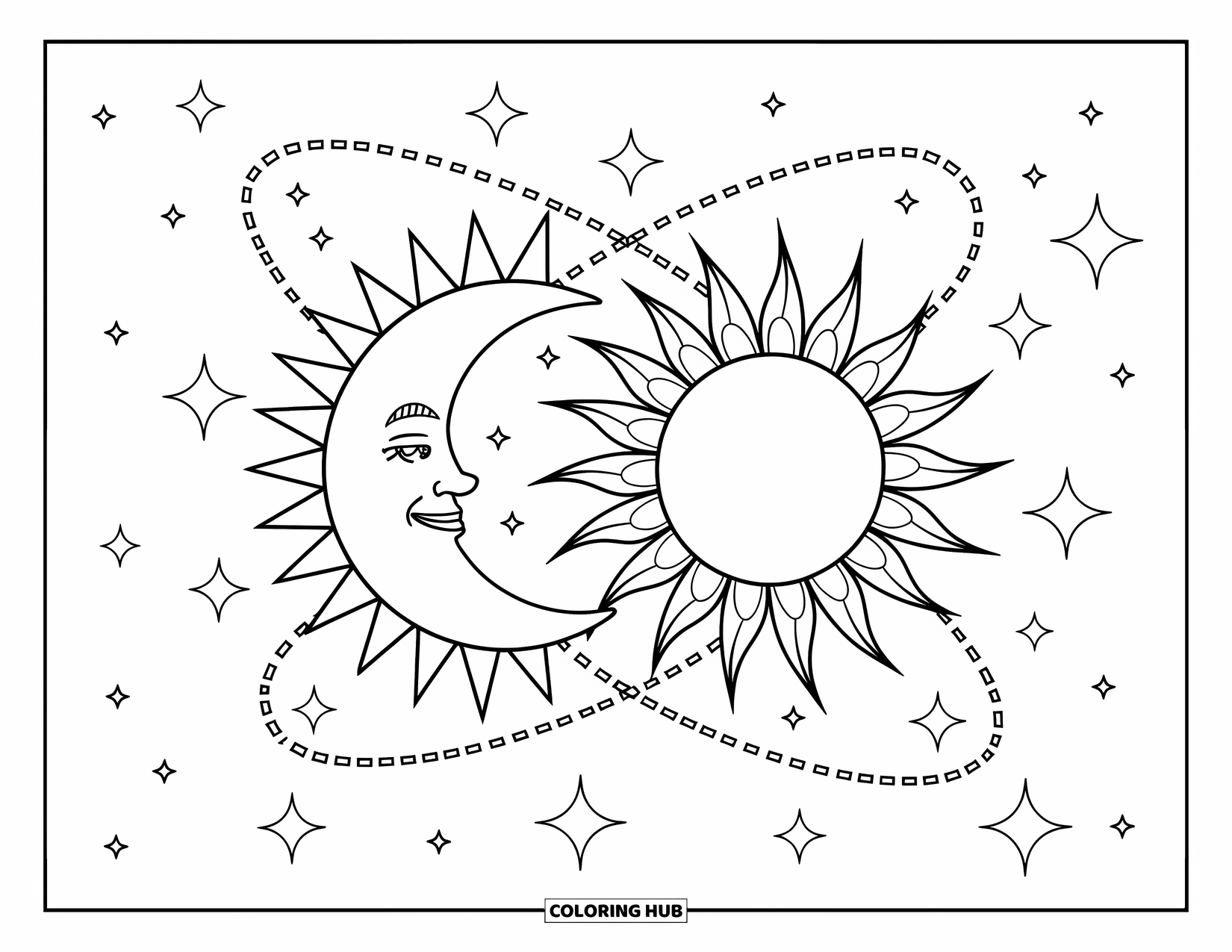 Trippy Sun And Moon Coloring Page for Kids: A smiling moon and wavy-outlined sun surrounded by orbits
