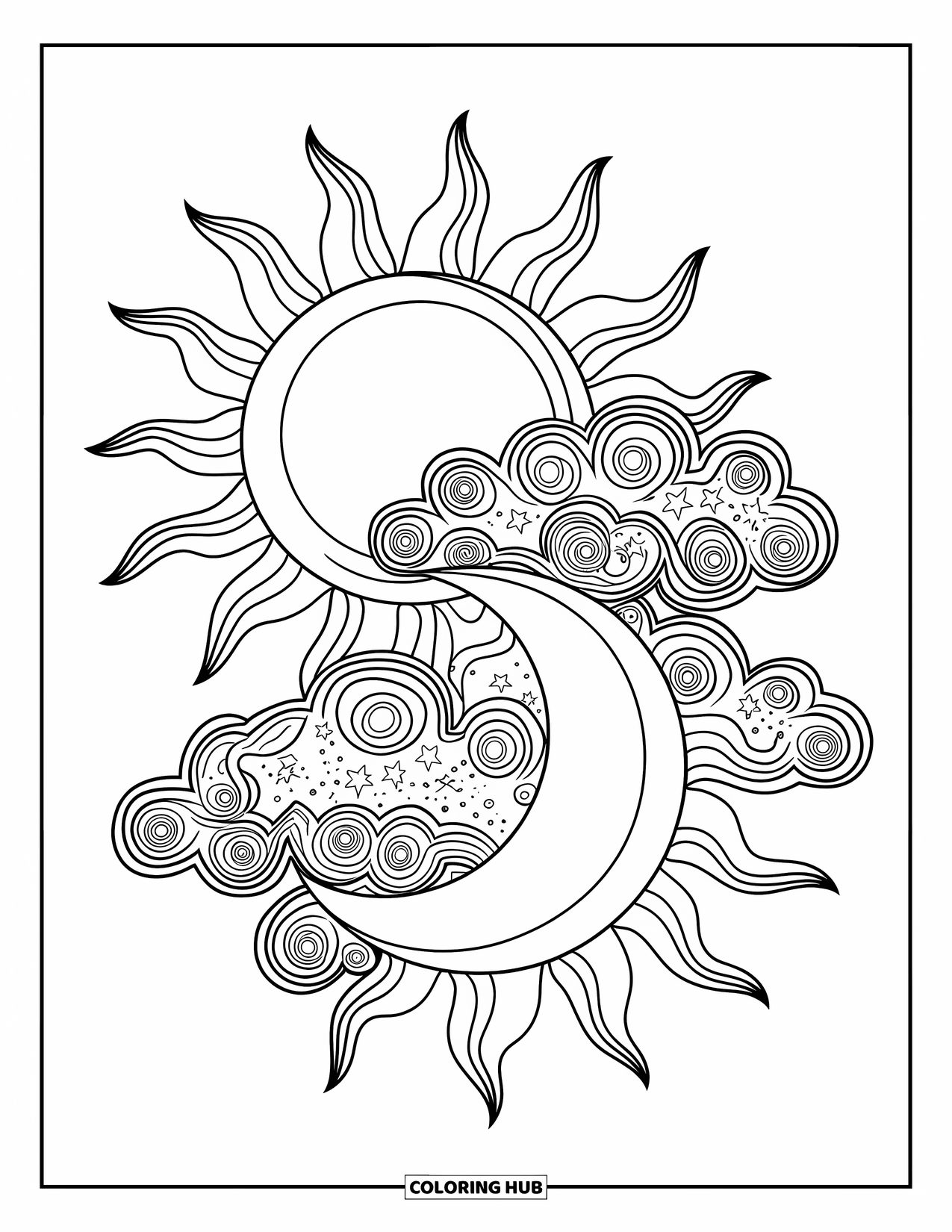 Trippy Sun And Moon Coloring Page for Kids: A sun and moon with clouds filled with stars between them