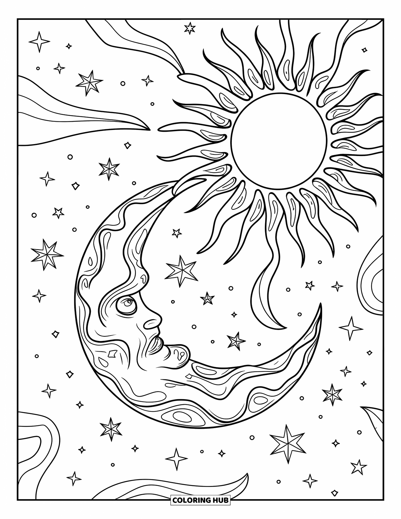 Trippy Sun And Moon Coloring Page for Kids: A sun with spiral rays and a moon with wavy rings