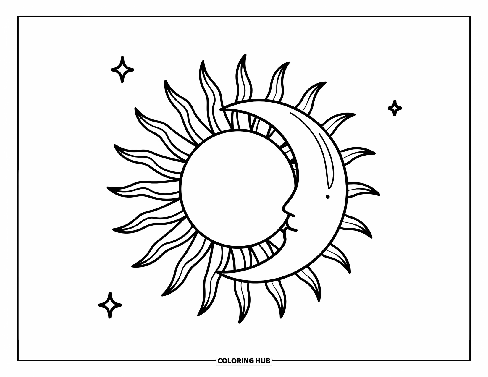 Trippy Sun And Moon Coloring Page for Kids: A sun with thick rays beside a crescent moon and stars
