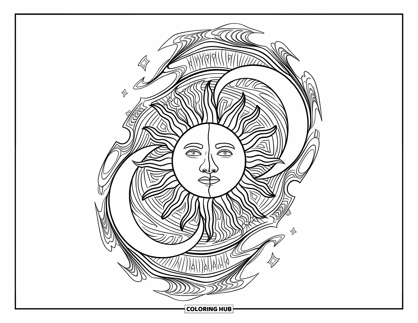 Trippy Sun And Moon Coloring Page for Kids: A swirling sun and moon surrounded by small, intricate patterns