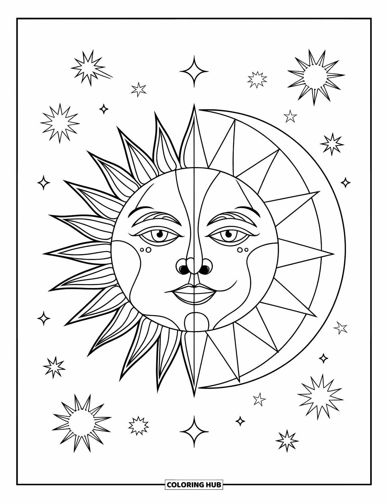Trippy Sun And Moon Coloring Page for Kids: A trippy sun and moon side by side with sparkles