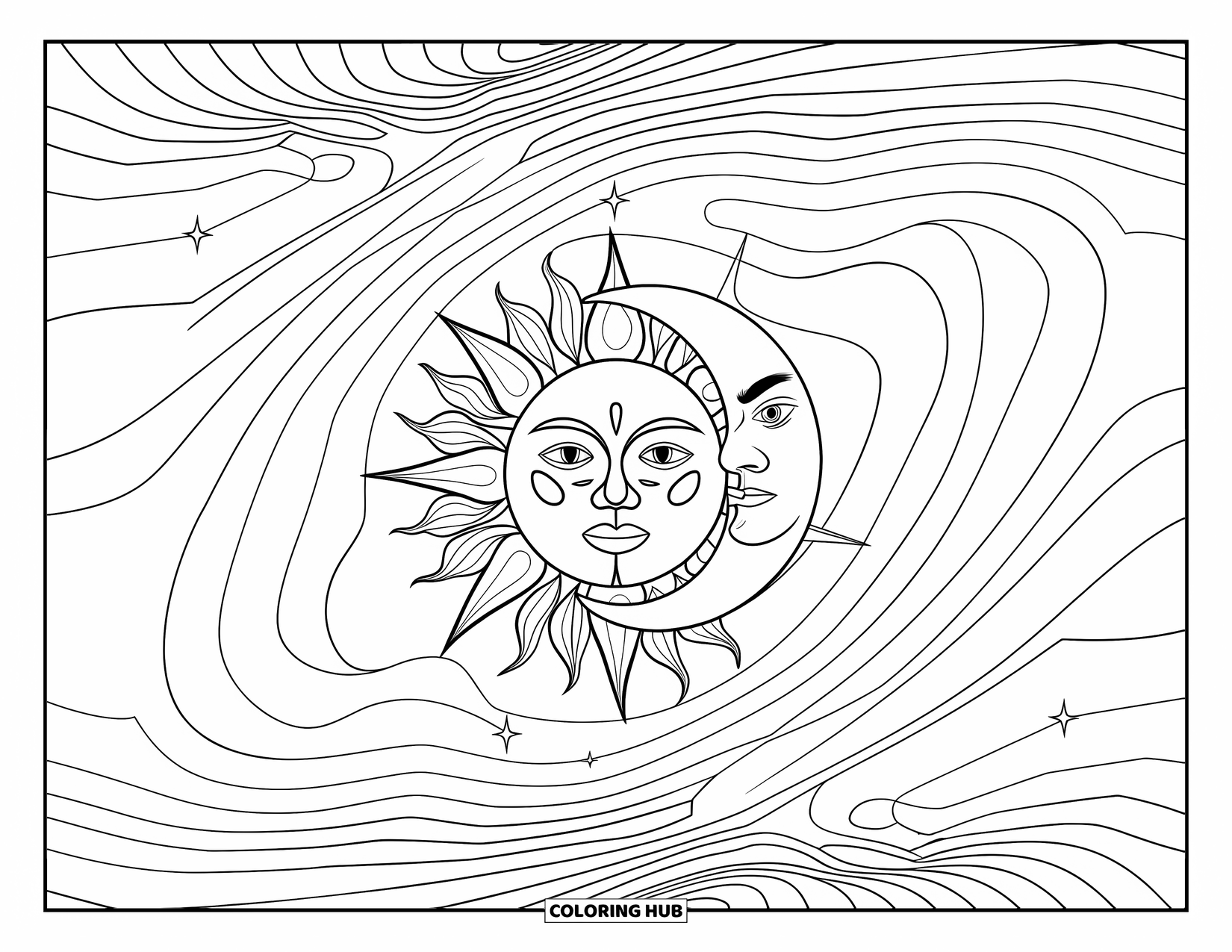 Trippy Sun And Moon Coloring Page for Kids: A trippy sun and moon swirl together in bold abstract patterns