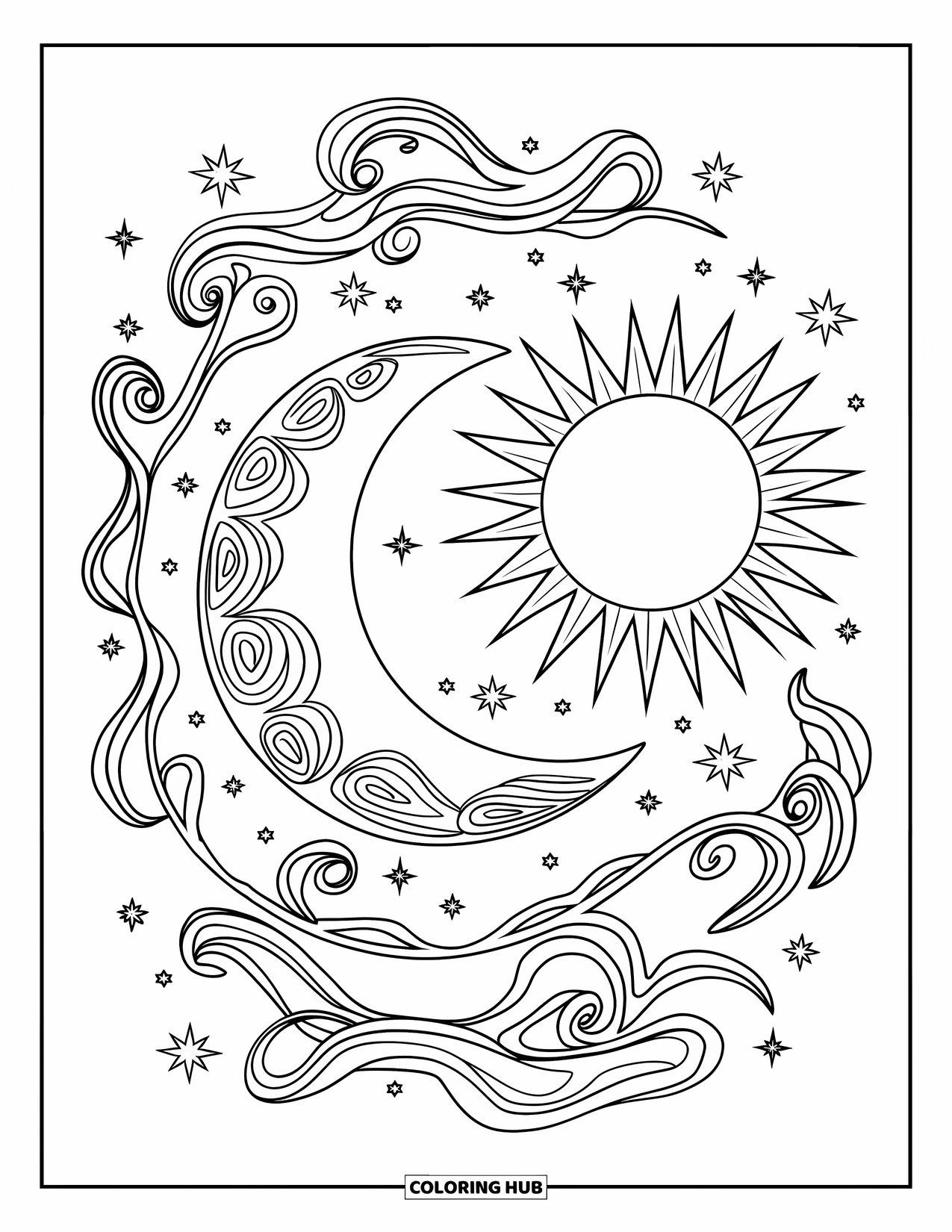 Trippy Sun And Moon Coloring Page for Kids: A trippy sun and moon wrapped in swirling vines and stars