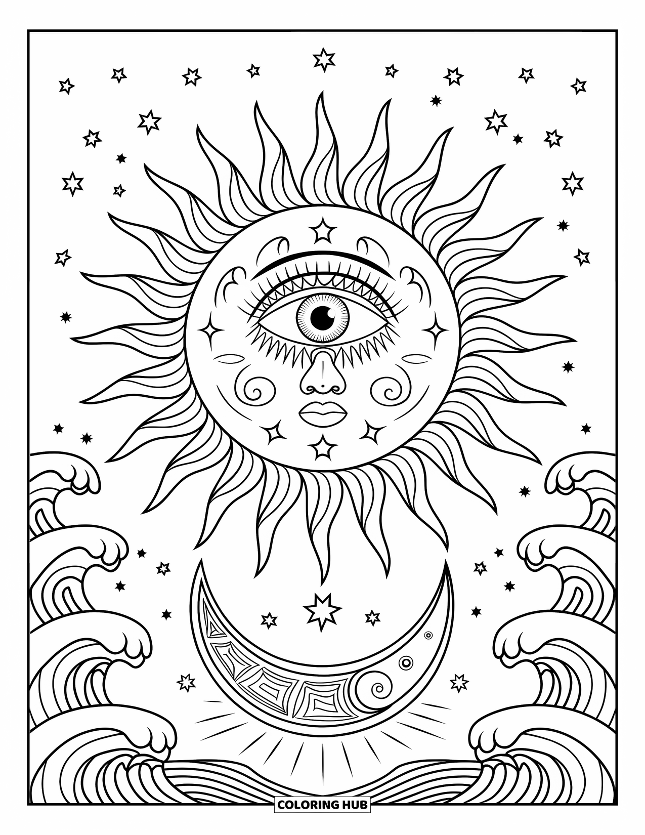 Trippy Sun And Moon Coloring Page for Kids: A wide-eyed sun beside a crescent moon surrounded by stars