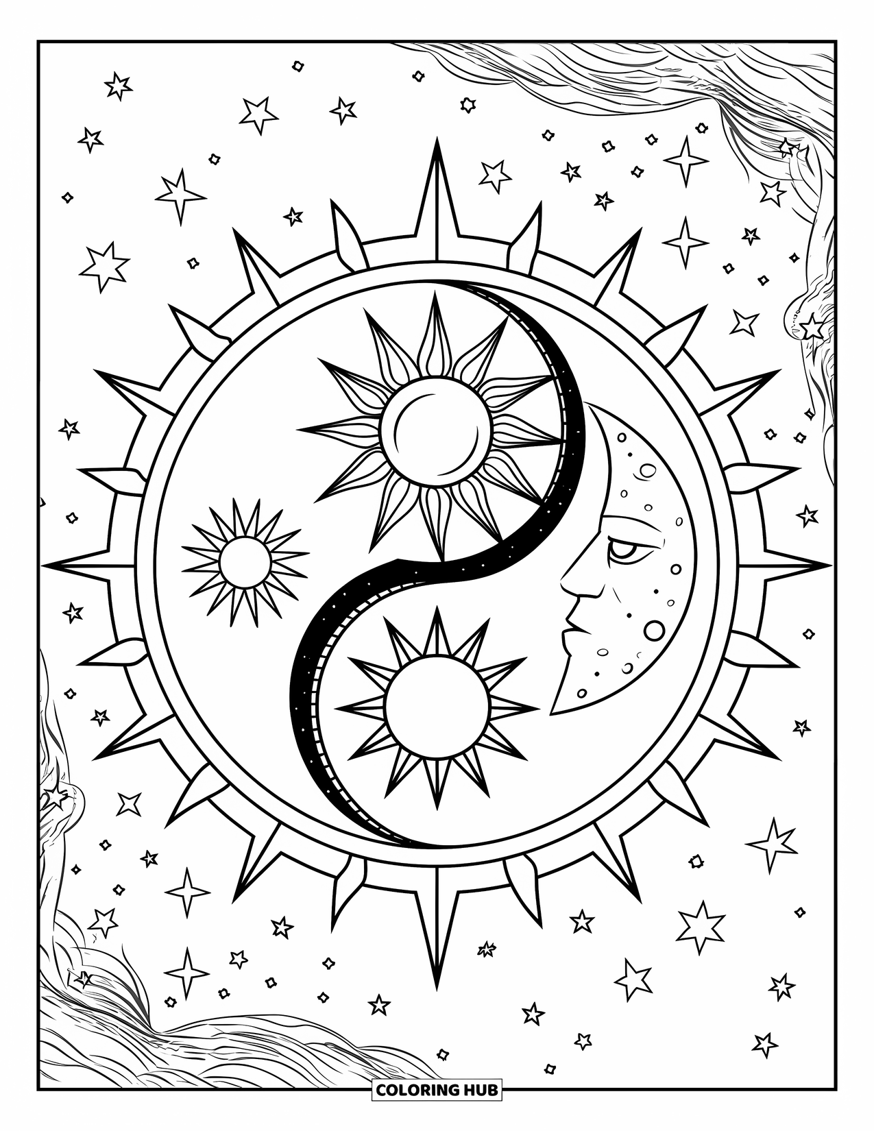 Trippy Sun And Moon Coloring Page for Kids: A yin-yang sun and moon with spirals and stars in space