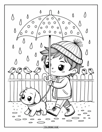 Coloriage de parapluie pour adultes : Un garçon et son chiot en bottes marchent sous un parapluie tandis que des oiseaux les observent depuis une clôture