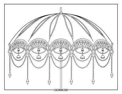 Coloriage de parapluie pour adultes : Un parapluie-auvent avec des carillons et des cristaux offre une scène décorative et reposante