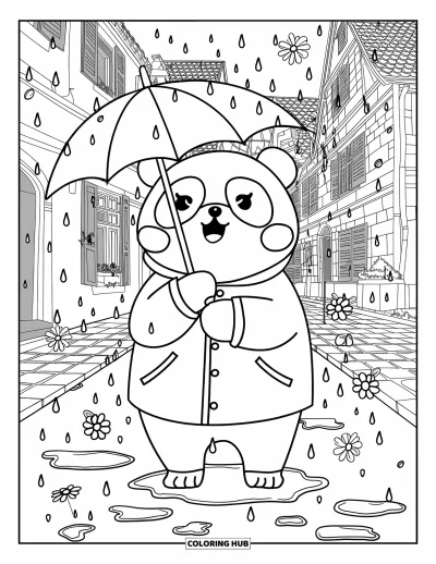 Coloriage de parapluie pour adultes : Un panda joyeux en imperméable se tient dans un village animé avec des flaques et des pétales de fleurs