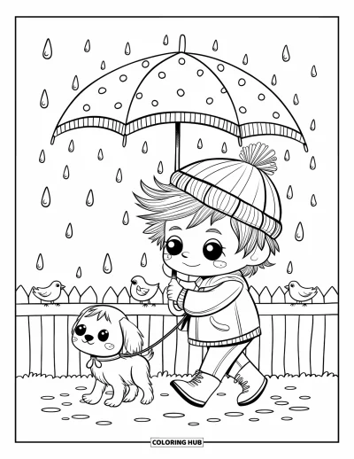 Coloriage de parapluie pour adultes : Un garçon chibi promène son chiot sous un parapluie à pois avec des gouttes de pluie et de petits oiseaux à proximité