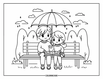 Coloriage de parapluie pour adultes : Un couple chibi est assis sous un parapluie avec un livre ouvert et une douce bruine