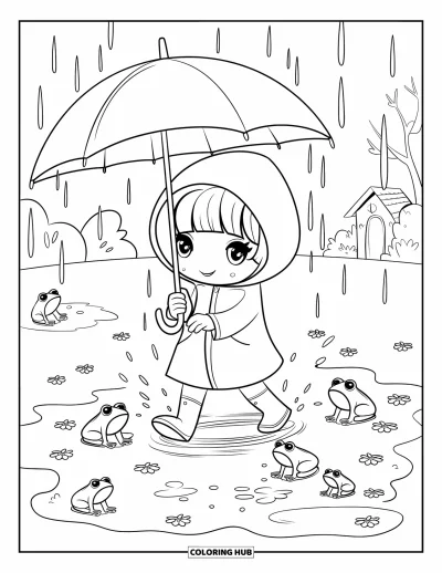 Coloriage de parapluie pour adultes : Une fille chibi avec un parapluie traverse une flaque près de grenouilles, de pétales et d'un cottage