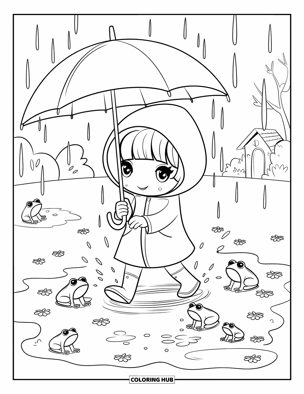 Umbrella Coloring Page for Adults: A chibi girl with an umbrella walks through a puddle near frogs, petals, and a cottage
