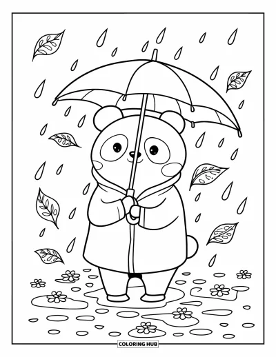 Coloriage de parapluie pour adultes : Un panda rondouillet en imperméable se tient sur des pavés avec des pétales, des flaques et des feuilles qui voltigent