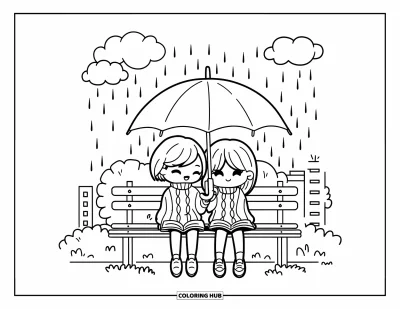 Coloriage de parapluie pour adultes : Un couple en pulls assortis lit ensemble sous un parapluie sur un banc de parc pluvieux