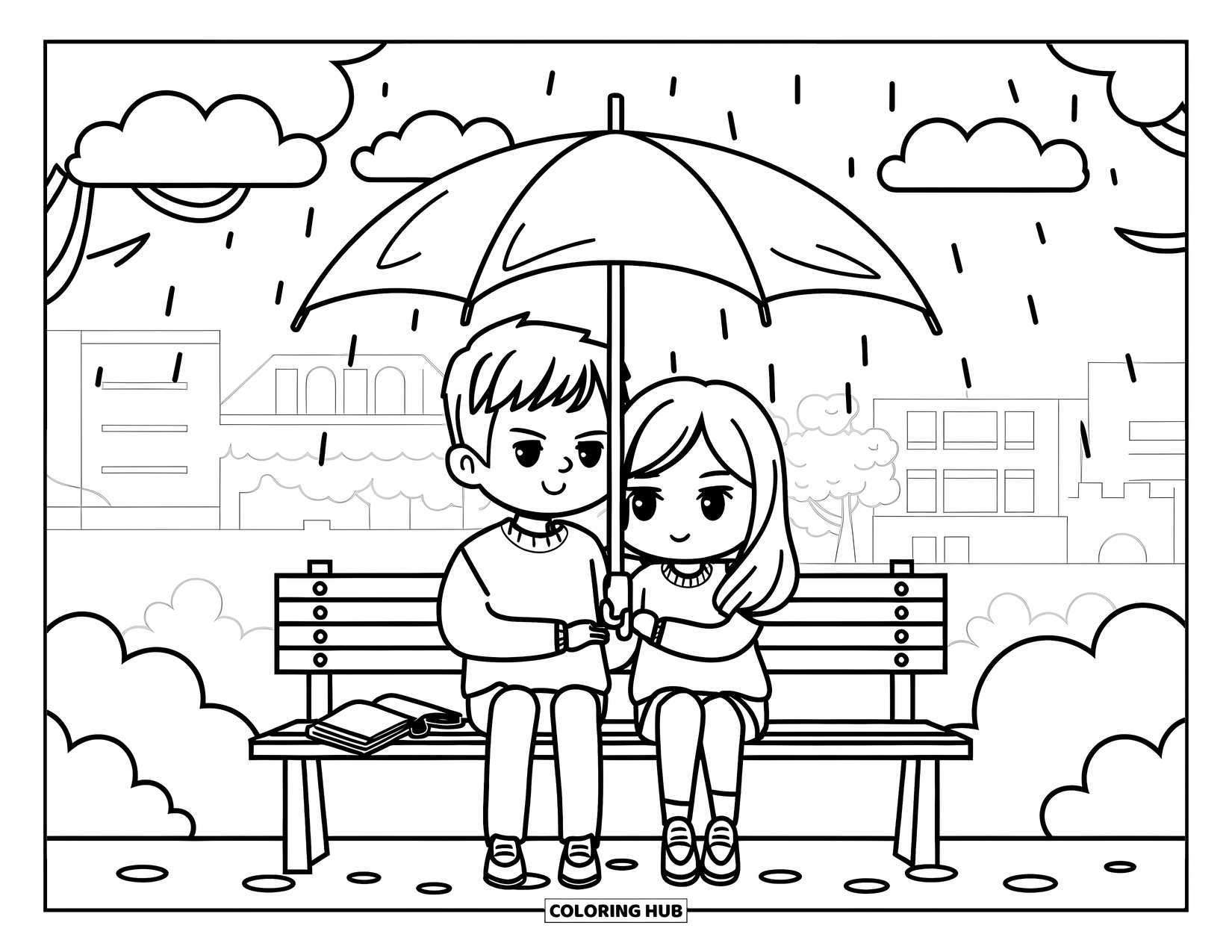 Umbrella Coloring Page for Adults: A couple sits on a bench under an umbrella as light rain falls around them
