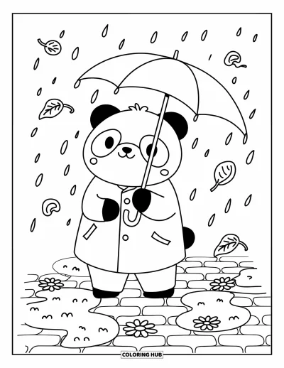 Coloriage de parapluie pour adultes : Un panda tranquille se tient sous la pluie avec des pétales, des flaques et des feuilles tourbillonnantes tout autour