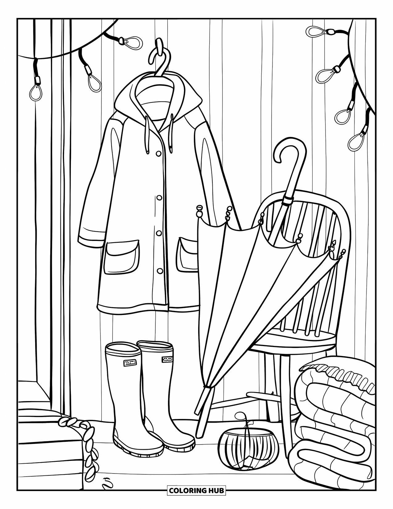 Umbrella Coloring Page for Adults: A cozy porch shows an umbrella, boots, string lights, and a raincoat on a hook