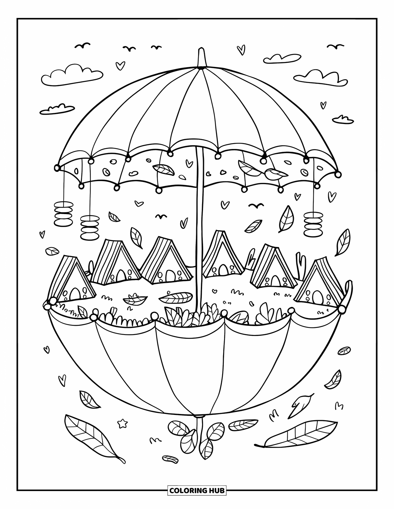 Umbrella Coloring Page for Adults: A floating island shaped like an umbrella holds tiny cottages with birds and lanterns above