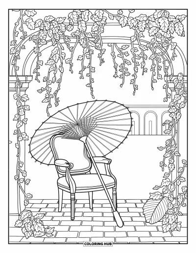 Coloriage de parapluie pour adultes : Une ombrelle fleurie repose sur un fauteuil ancien sous des lierres près d'un chemin en briques et des arches