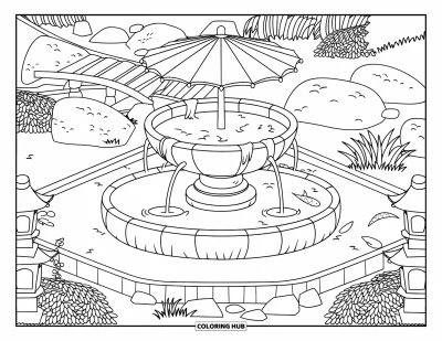 Coloriage de parapluie pour adultes : Une fontaine en forme de parapluie coule à côté de bassins à koï, de lanternes, de rochers et d'un pont en bois