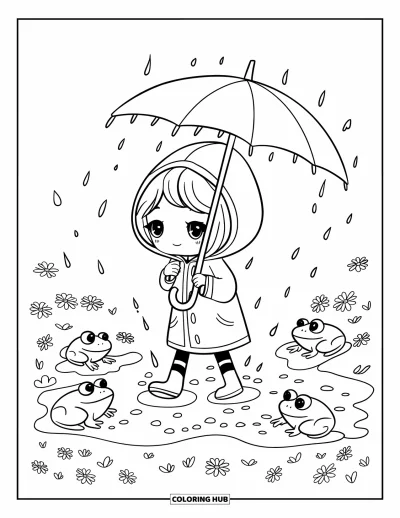 Coloriage de parapluie pour adultes : Une fille en imperméable à capuche marche sur la pointe des pieds dans une flaque entourée de grenouilles et de pétales