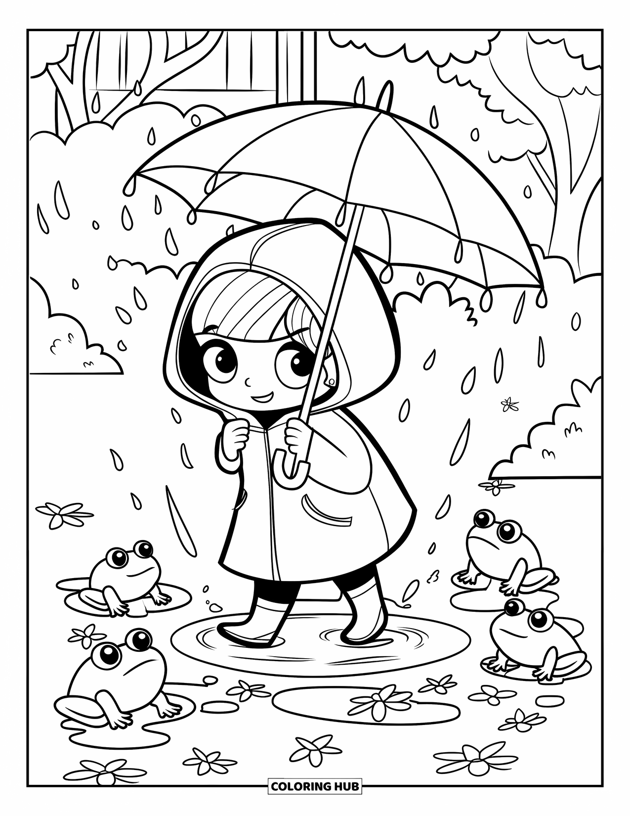 Umbrella Coloring Page for Adults: A girl tiptoes through a puddle with frogs and petals beneath an oversized umbrella