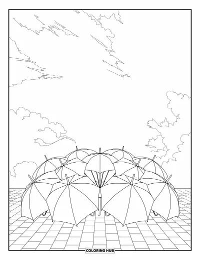 Coloriage de parapluie pour adultes : Un ensemble de parapluies forme un motif circulaire sous un ciel parsemé de nuages