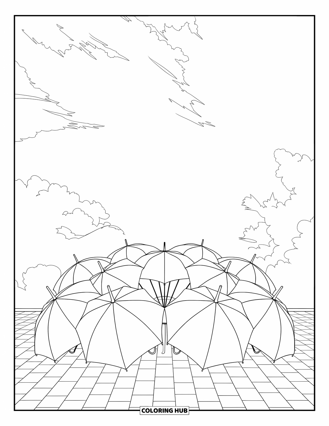 Umbrella Coloring Page for Adults: A group of umbrellas creates a circular pattern under a sky with a few clouds