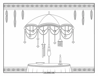 Coloriage de parapluie pour adultes : Un parapluie suspendu avec des clochettes et des cristaux ombrage une table avec une bougie sous un plafond de feuillage