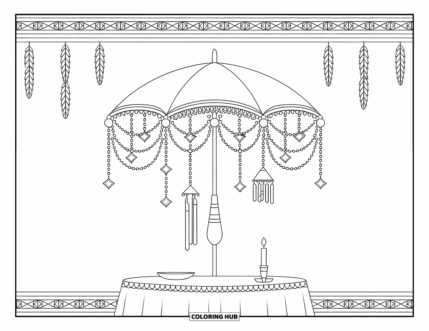 Umbrella Coloring Page for Adults: A hanging umbrella with bells and crystals shades a table with a candle and leafy ceiling