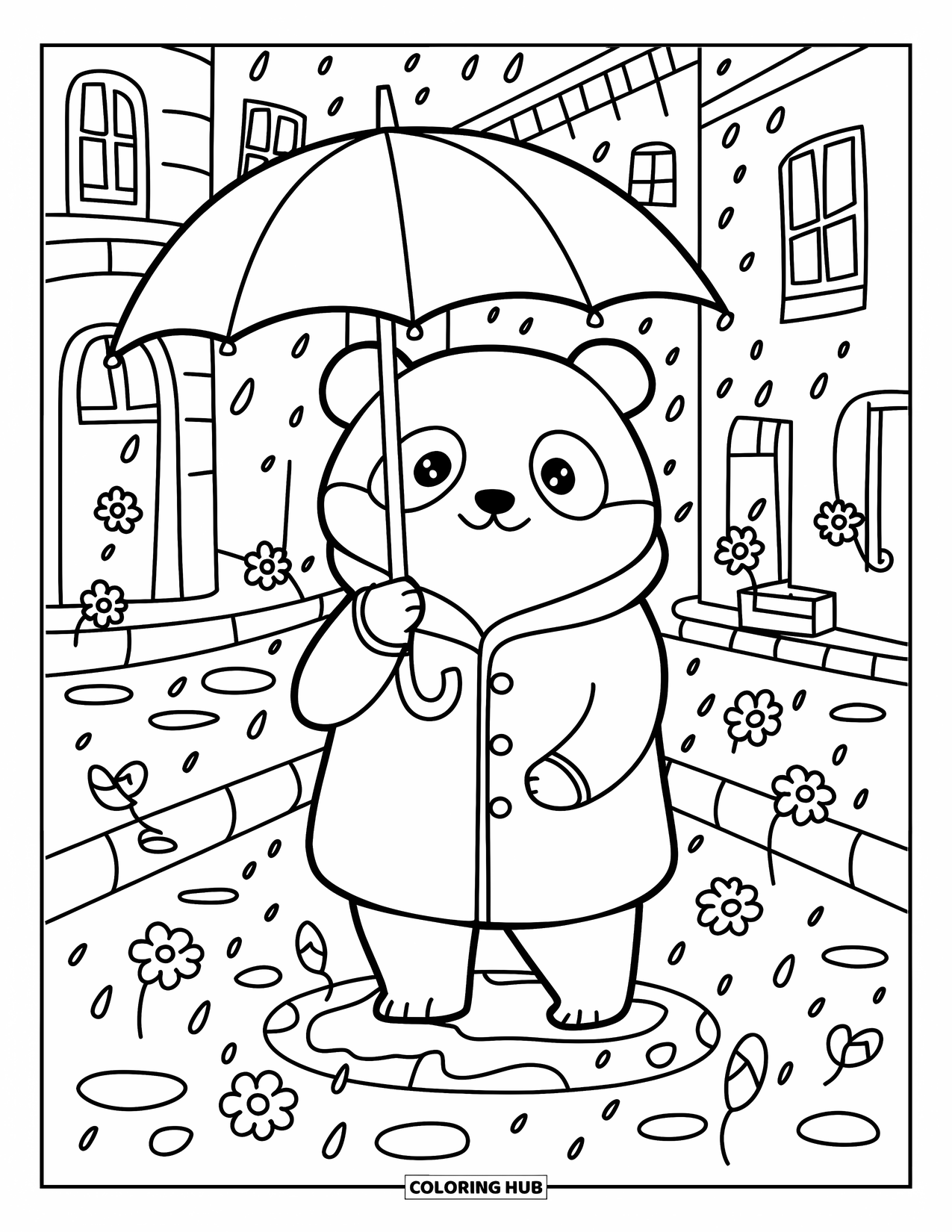 Umbrella Coloring Page for Adults: A panda in a raincoat holds an umbrella near puddles, petals, raindrops, and village buildings